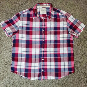 Aeropostale Men's Burgundy and Blue Plaid Short Sleeve Buttondown Shirt XL